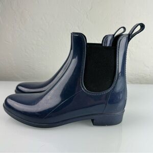 J Crew Rain Boots Chelsea Navy Blue Solid Pull On Rubber Ankle Heeled Waterproof
